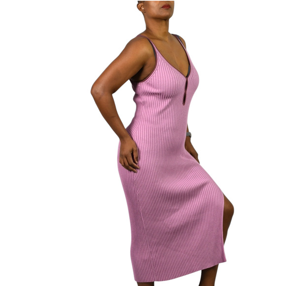 Abercrombie Fitch Elevated Knit Midi Dress Pink Ribbed Keyhole Slit Midi Slip XL - Picture 8 of 13